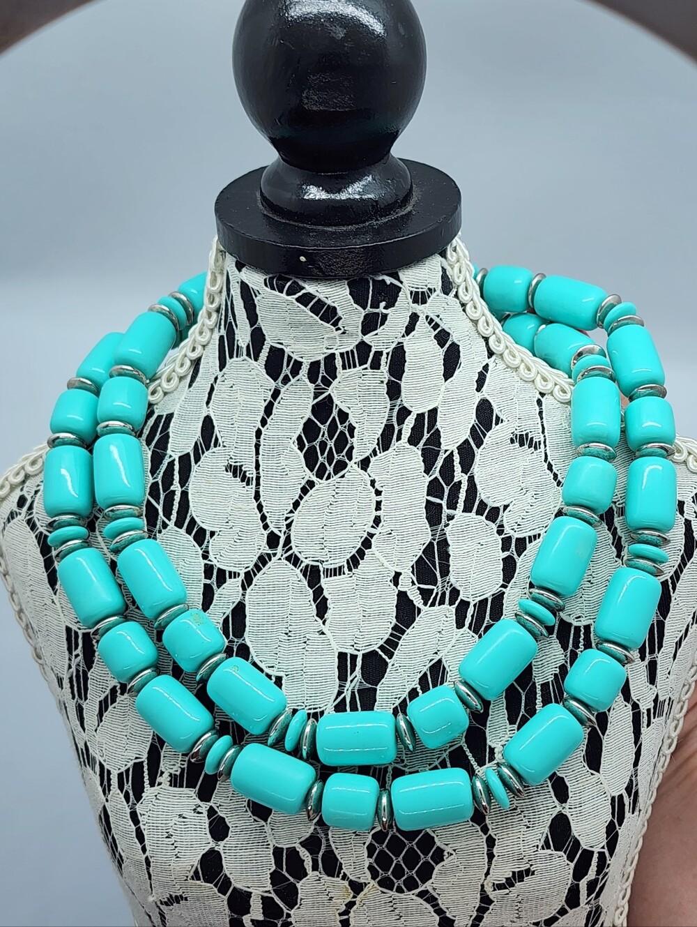 Mid Century Turquoise Aqua Lucite Cylinder Bead Long Necklace Hidden Clasp 29.5"